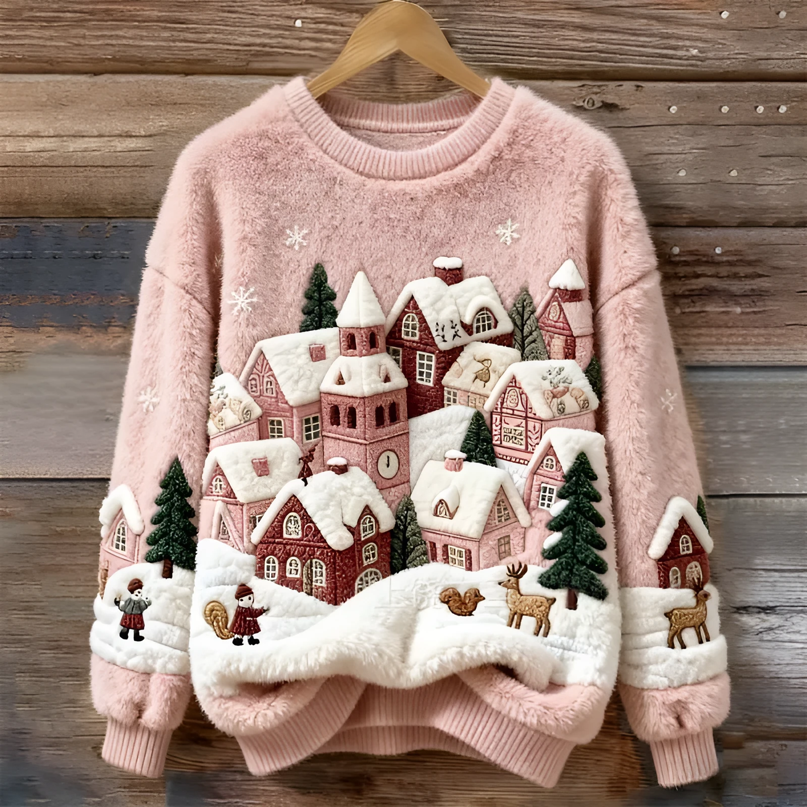 Women's round-neck sweatshirt with faux fur trim and 3D pattern in loose fit pullover style
