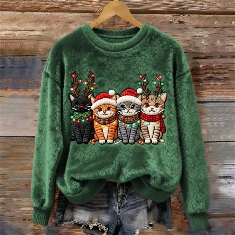 Women's round-neck sweatshirt with faux fur trim and 3D pattern in loose fit pullover style
