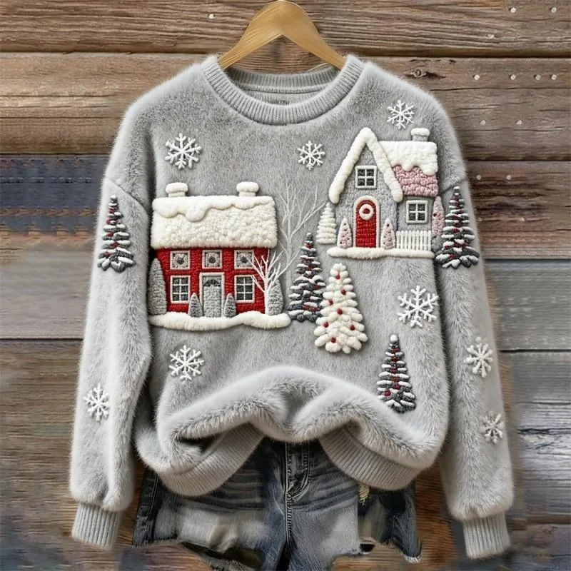 Women's round-neck sweatshirt with faux fur trim and 3D pattern in loose fit pullover style