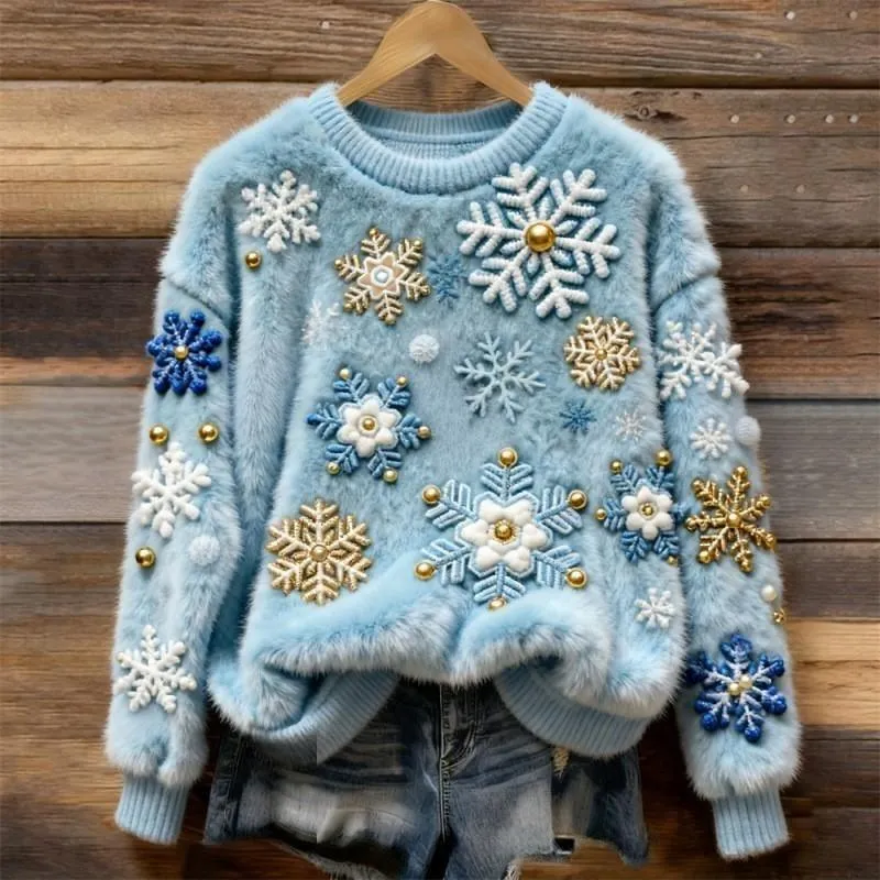 Women's round-neck sweatshirt with faux fur trim and 3D pattern in loose fit pullover style
