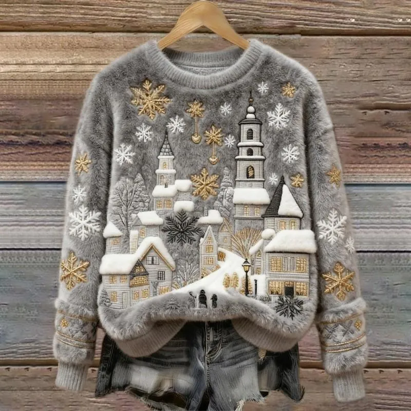 Women's round-neck sweatshirt with faux fur trim and 3D pattern in loose fit pullover style