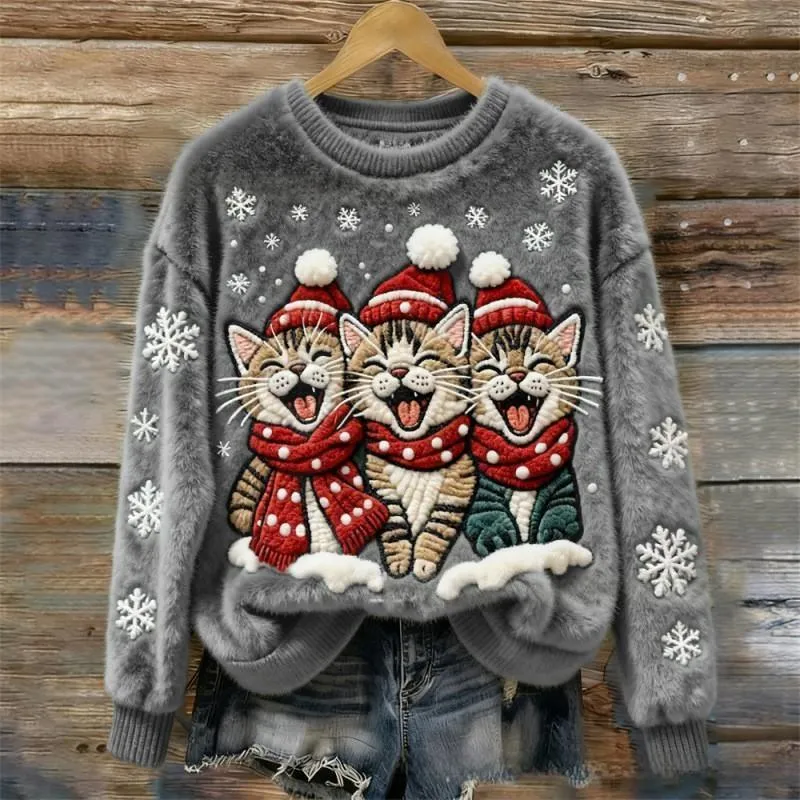 Women's round-neck sweatshirt with faux fur trim and 3D pattern in loose fit pullover style