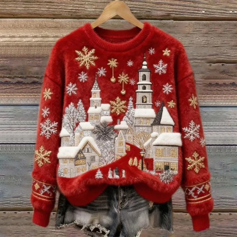 Women's round-neck sweatshirt with faux fur trim and 3D pattern in loose fit pullover style
