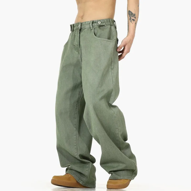 Men's high street washed jeans K640 Green non-stretch high-waist trousers with zip fly