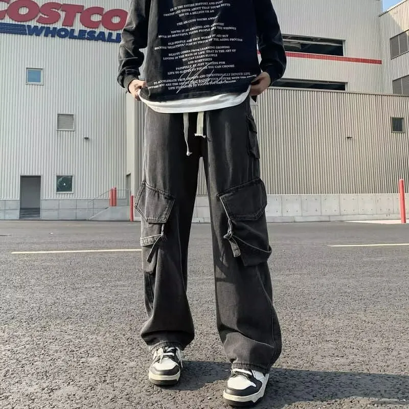 Men's heavy-duty loose multi-pocket washed casual pants in black synthetic fibre blend with button fly