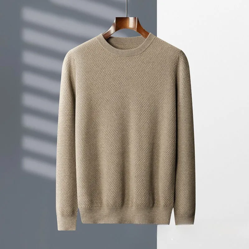 Men's autumn winter round neck pineapple stitch sweater in camel colour, pullover style for casual wear