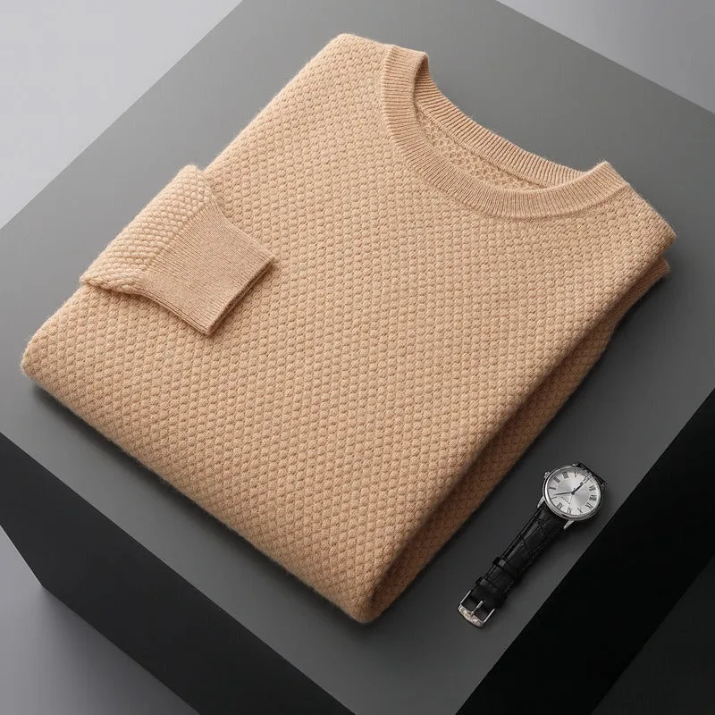 Men's autumn winter round neck pineapple stitch sweater in camel colour, pullover style for casual wear