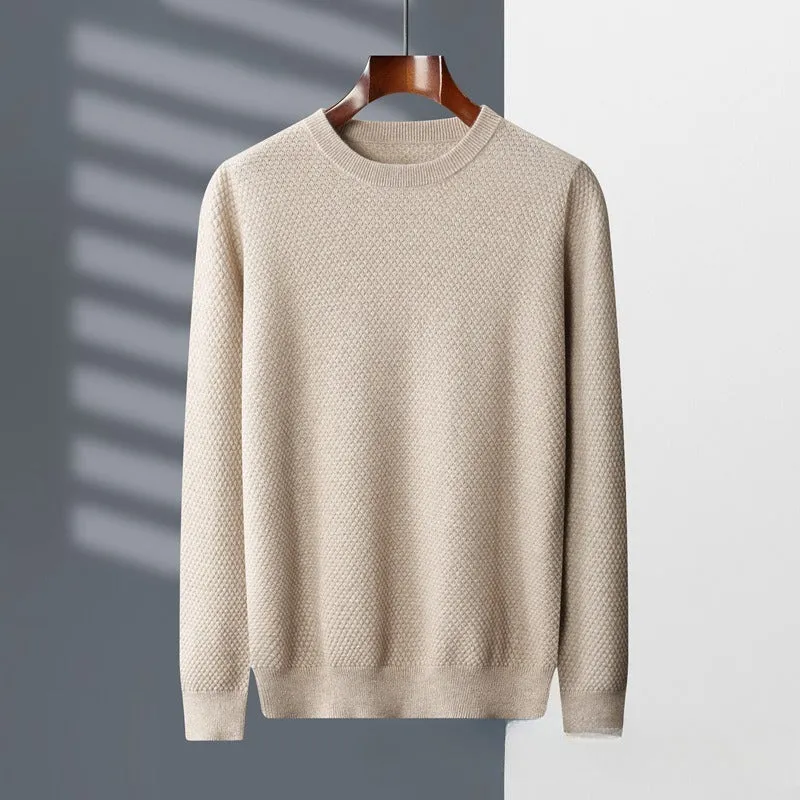 Men's autumn winter round neck pineapple stitch sweater in camel colour, pullover style for casual wear
