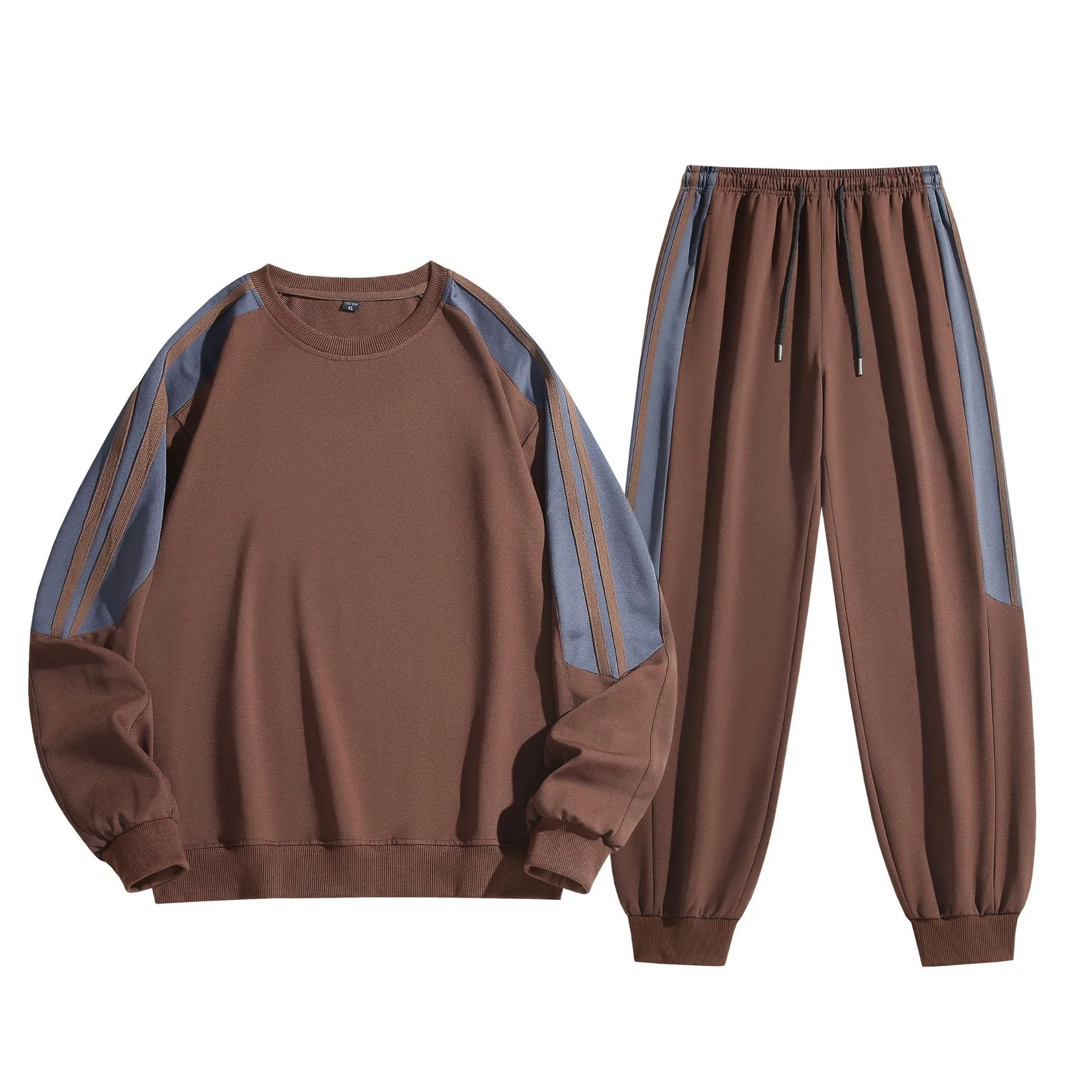Men's casual round neck suit set in apricot colour with long sleeves and matching trousers