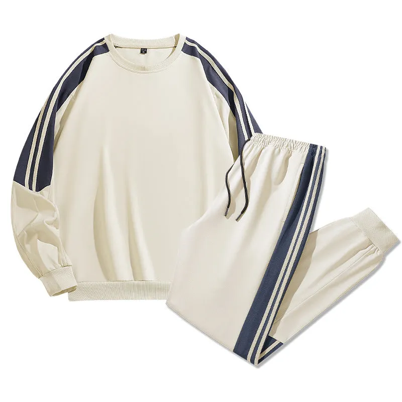 Men's casual round neck suit set in apricot colour with long sleeves and matching trousers