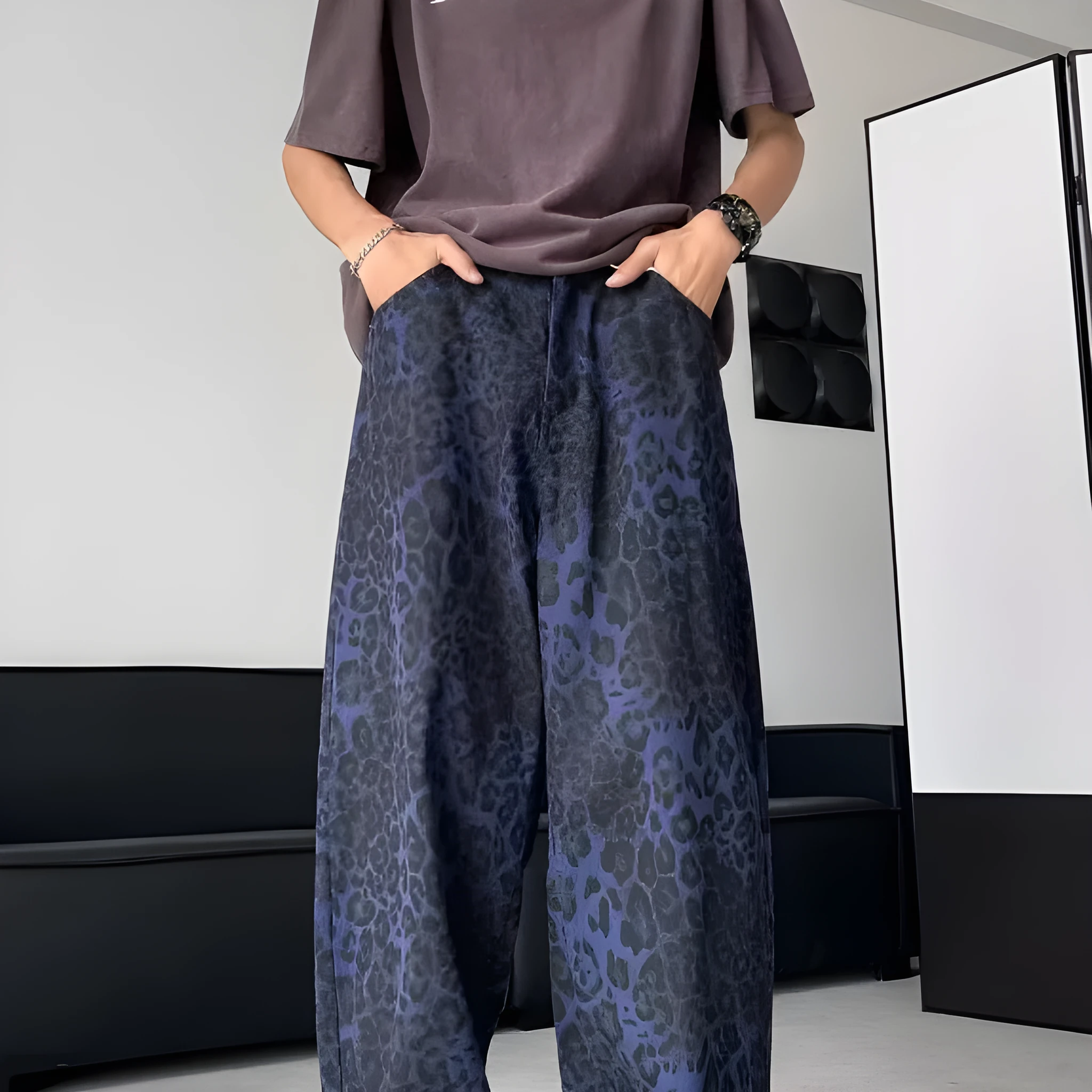 Blue cotton leopard print wide-leg pants with zip fly, full-length view