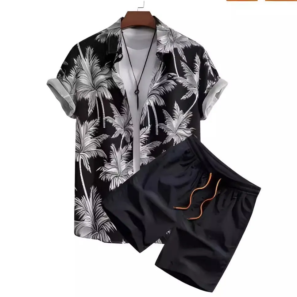 Black and white striped Hawaiian men's pullover shirt and shorts set on a model, loose fit, short sleeves.