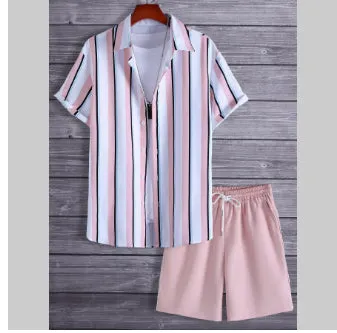 Black and white striped Hawaiian men's pullover shirt and shorts set on a model, loose fit, short sleeves.
