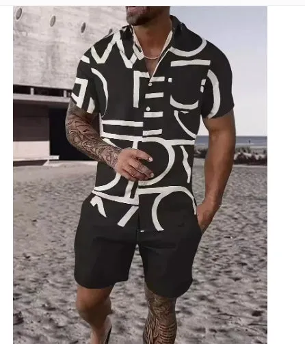 Black and white striped Hawaiian men's pullover shirt and shorts set on a model, loose fit, short sleeves.