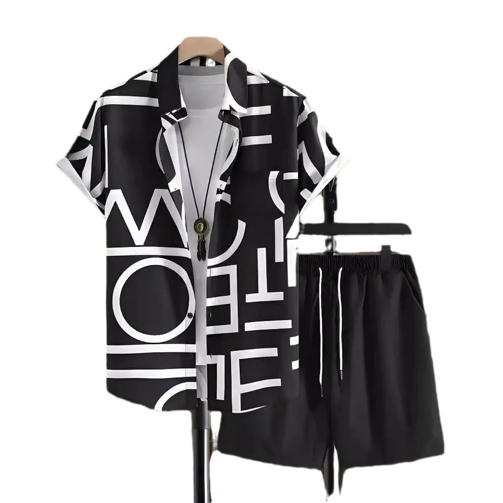 Black and white striped Hawaiian men's pullover shirt and shorts set on a model, loose fit, short sleeves.