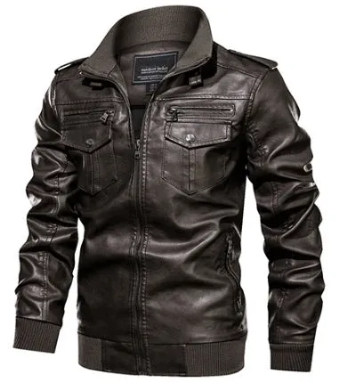 Men's retro washed PU leather jacket in brown, front view, zipper closure, fit type style