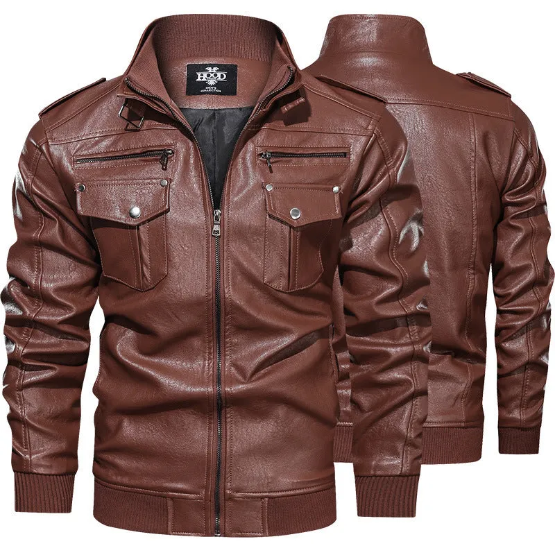 Men's retro washed PU leather jacket in brown, front view, zipper closure, fit type style