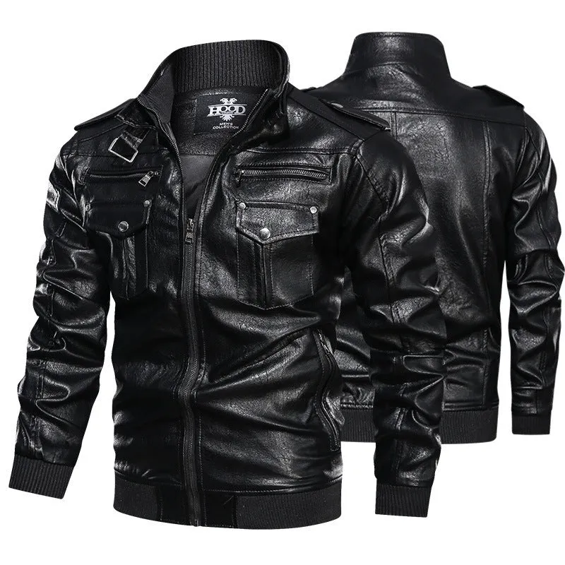 Men's retro washed PU leather jacket in brown, front view, zipper closure, fit type style