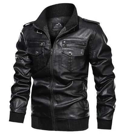 Men's retro washed PU leather jacket in brown, front view, zipper closure, fit type style