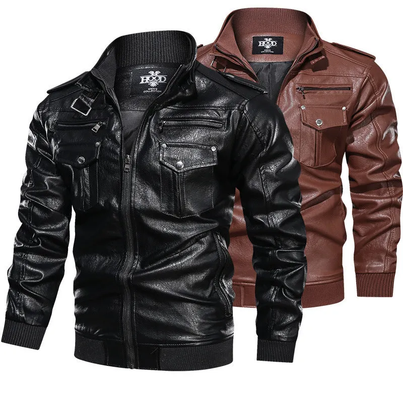 Men's retro washed PU leather jacket in brown, front view, zipper closure, fit type style