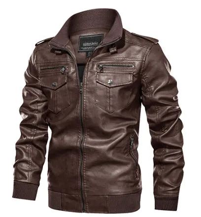 Men's retro washed PU leather jacket in brown, front view, zipper closure, fit type style