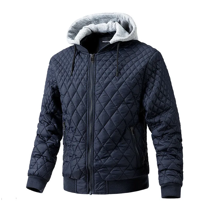 Men's casual quilted jacket with removable hood, long sleeves, straight hem, regular length, in army green colour