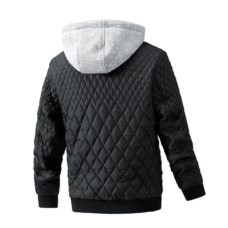 Men's casual quilted jacket with removable hood, long sleeves, straight hem, regular length, in army green colour