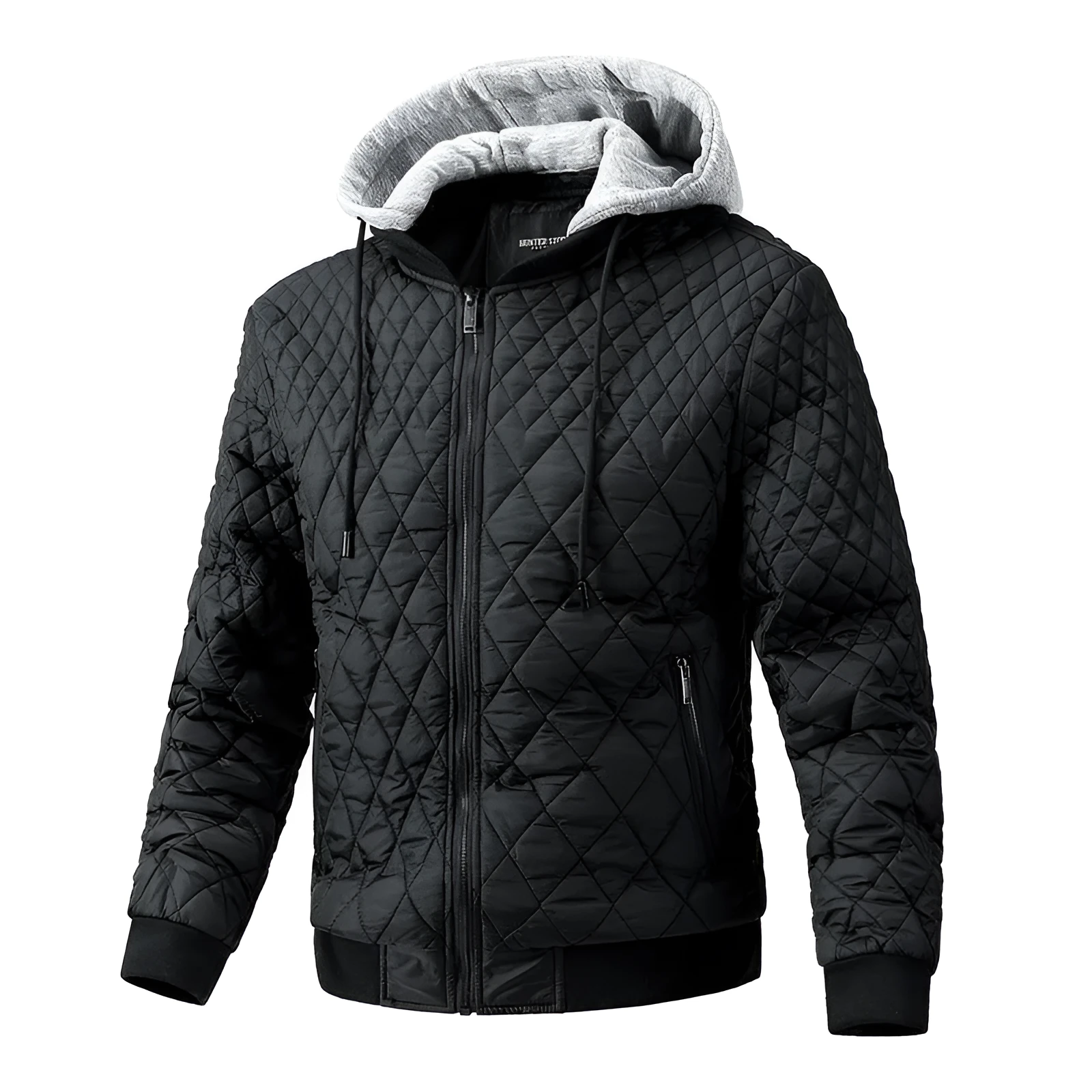 Men's casual quilted jacket with removable hood, long sleeves, straight hem, regular length, in army green colour