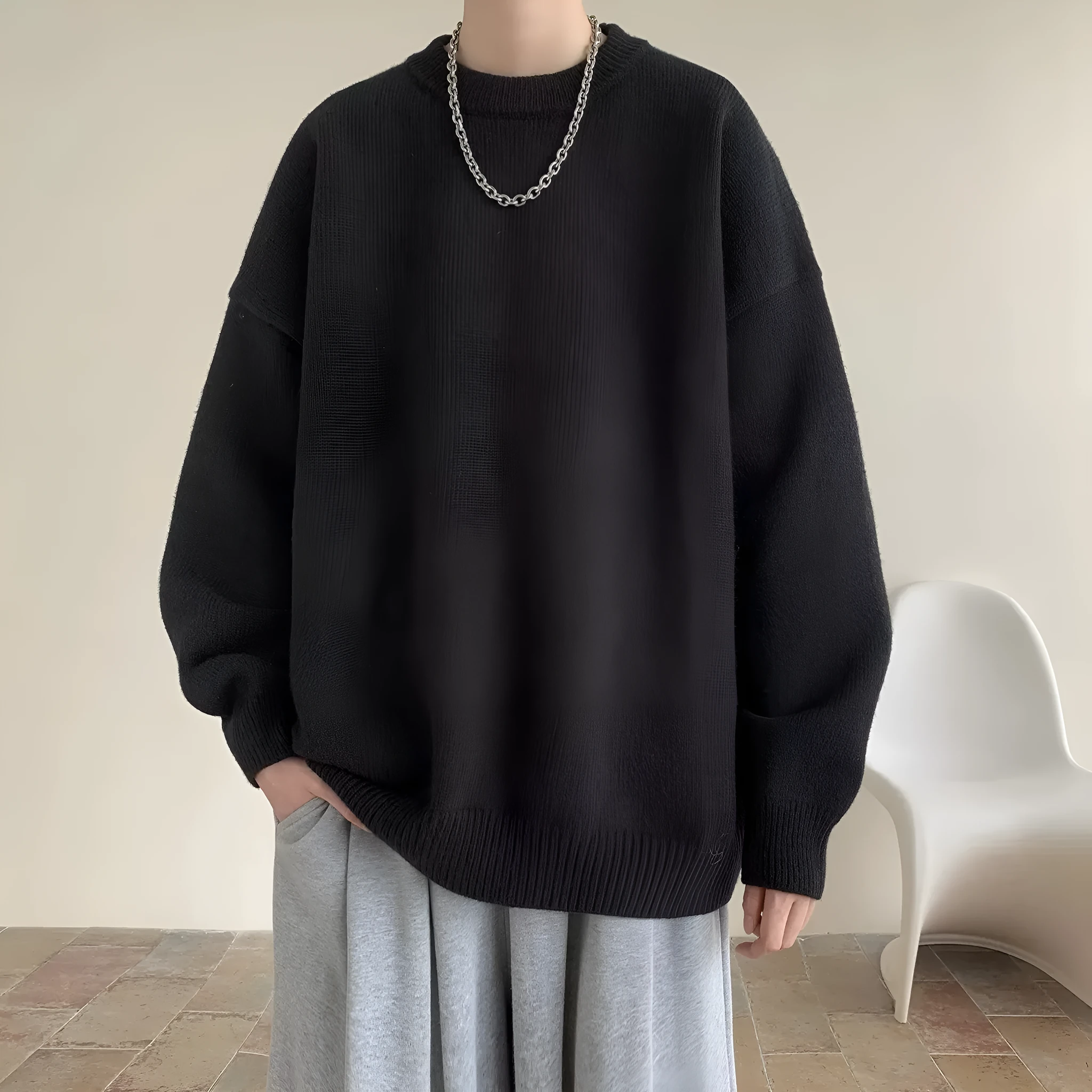 Men's Korean version round neck sweater in loose fit synthetic blend, available in multiple colours