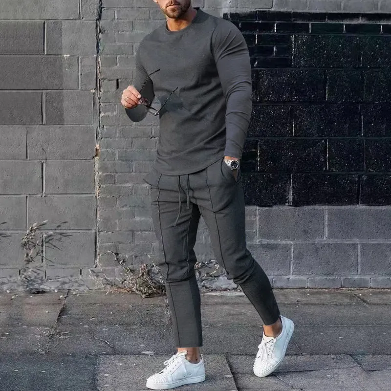 Men's light grey round-neck long sleeve t-shirt and trousers two-piece polyester suit set