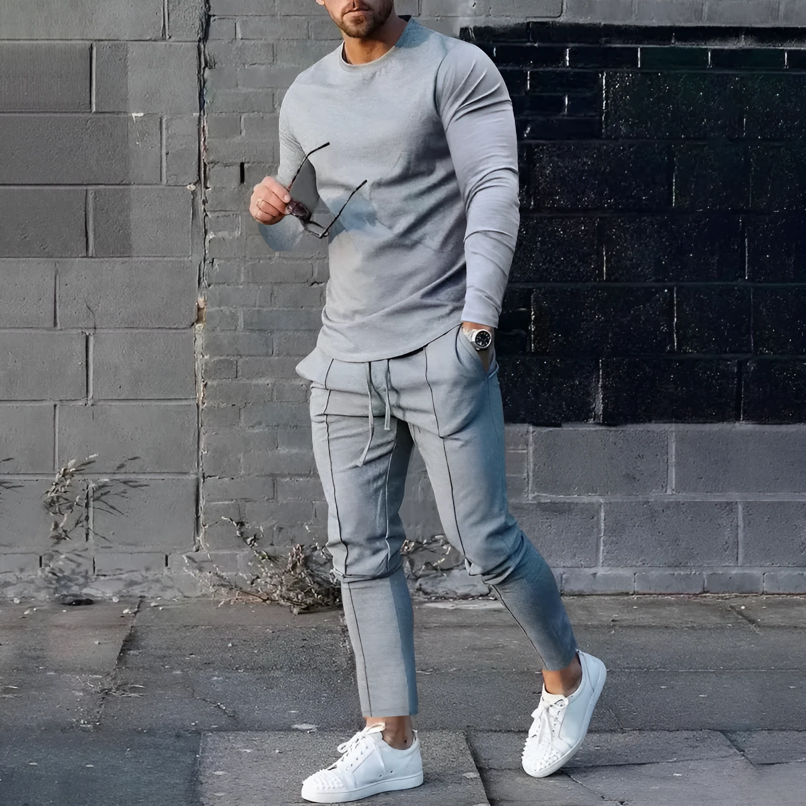 Men's light grey round-neck long sleeve t-shirt and trousers two-piece polyester suit set