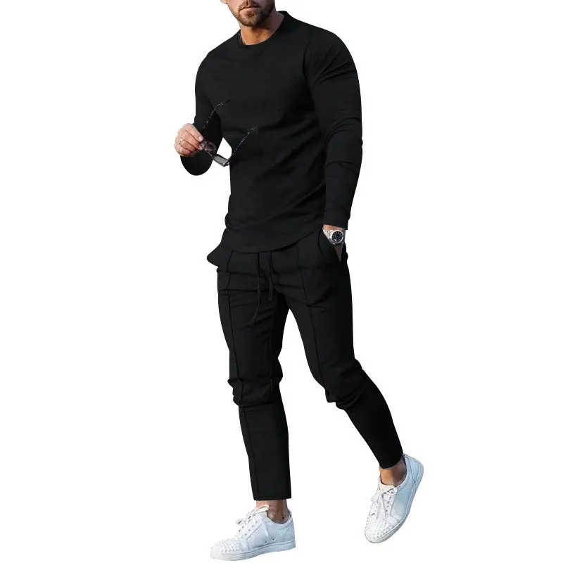 Men's light grey round-neck long sleeve t-shirt and trousers two-piece polyester suit set
