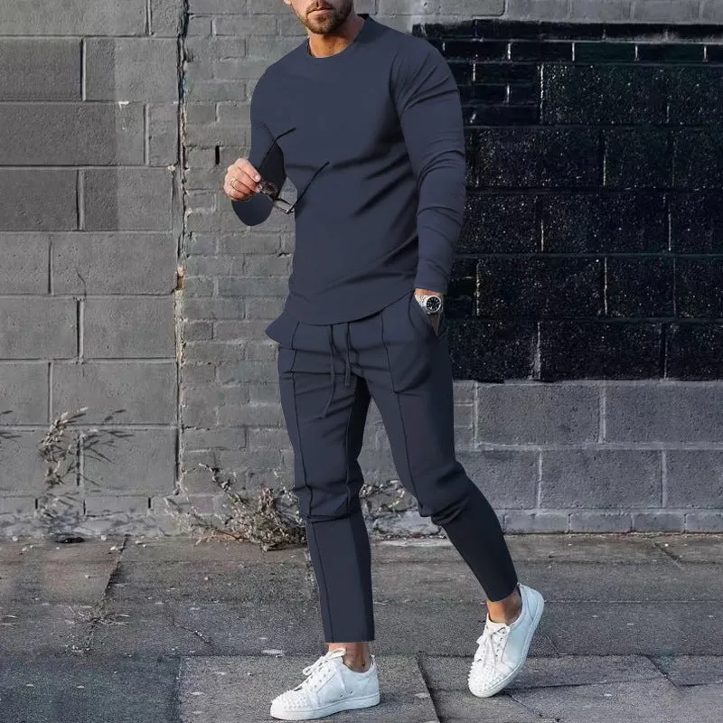 Men's light grey round-neck long sleeve t-shirt and trousers two-piece polyester suit set