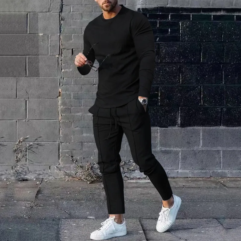 Men's light grey round-neck long sleeve t-shirt and trousers two-piece polyester suit set
