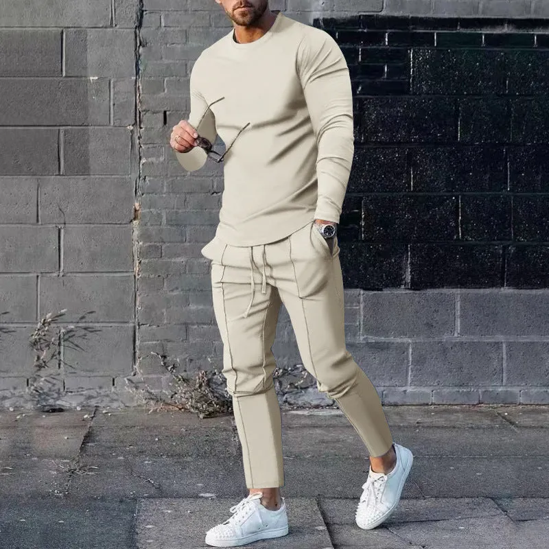 Men's light grey round-neck long sleeve t-shirt and trousers two-piece polyester suit set