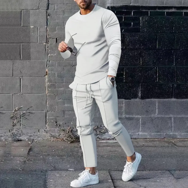 Men's light grey round-neck long sleeve t-shirt and trousers two-piece polyester suit set