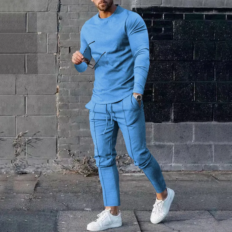 Men's light grey round-neck long sleeve t-shirt and trousers two-piece polyester suit set