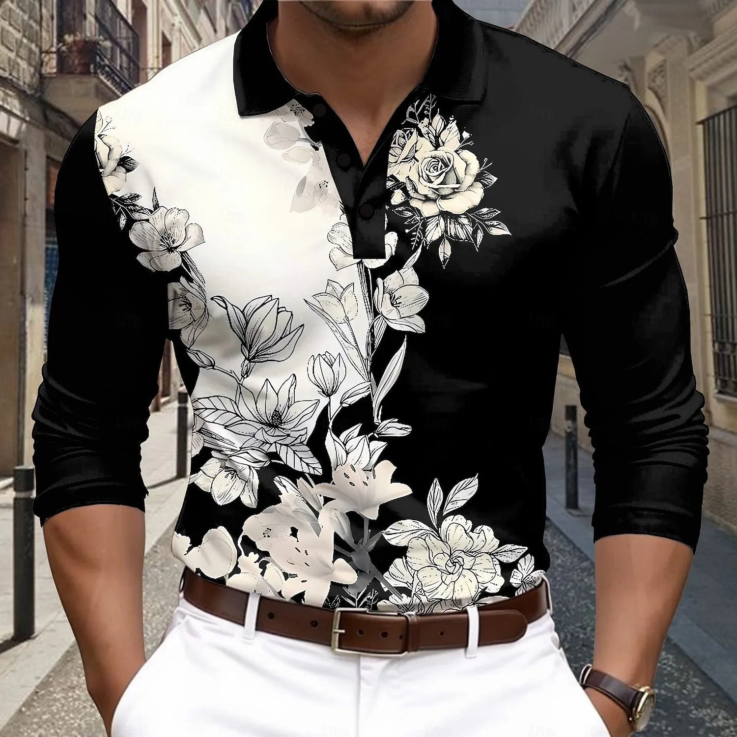 Long sleeve button-down polo shirt in loose fit with cartoon pattern and asymmetrical design