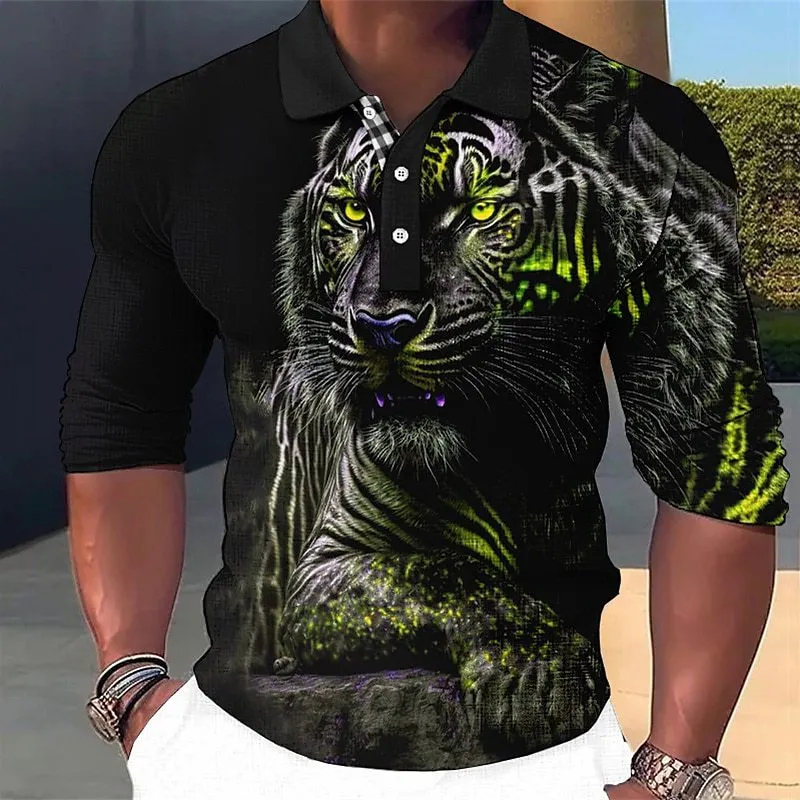 Long sleeve button-down polo shirt in loose fit with cartoon pattern and asymmetrical design