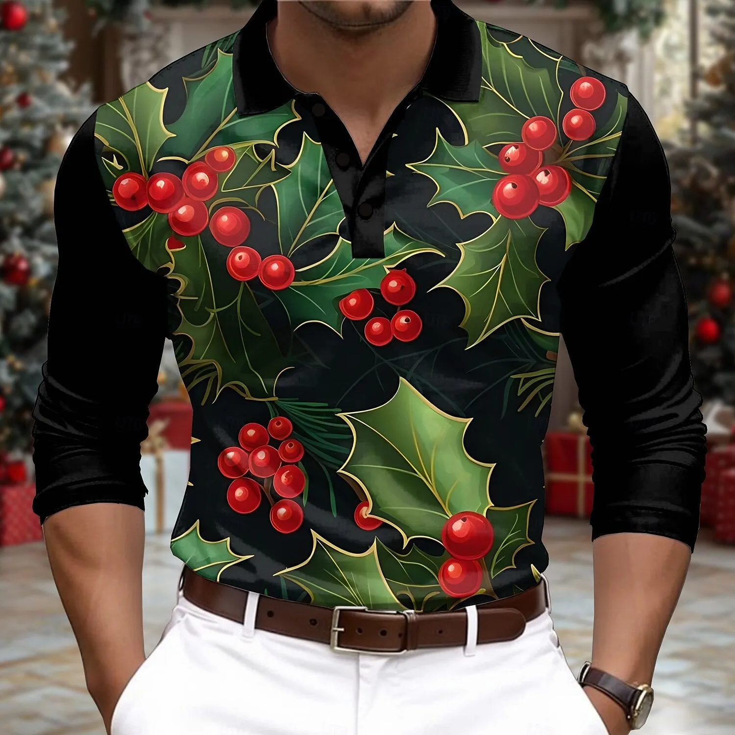 Long sleeve button-down polo shirt in loose fit with cartoon pattern and asymmetrical design