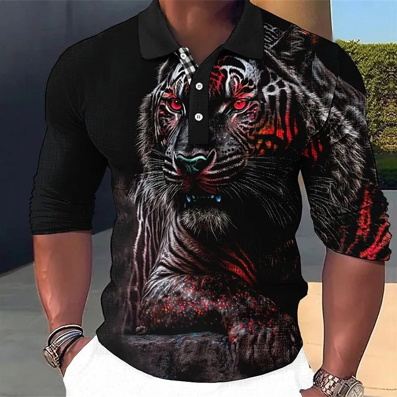 Long sleeve button-down polo shirt in loose fit with cartoon pattern and asymmetrical design