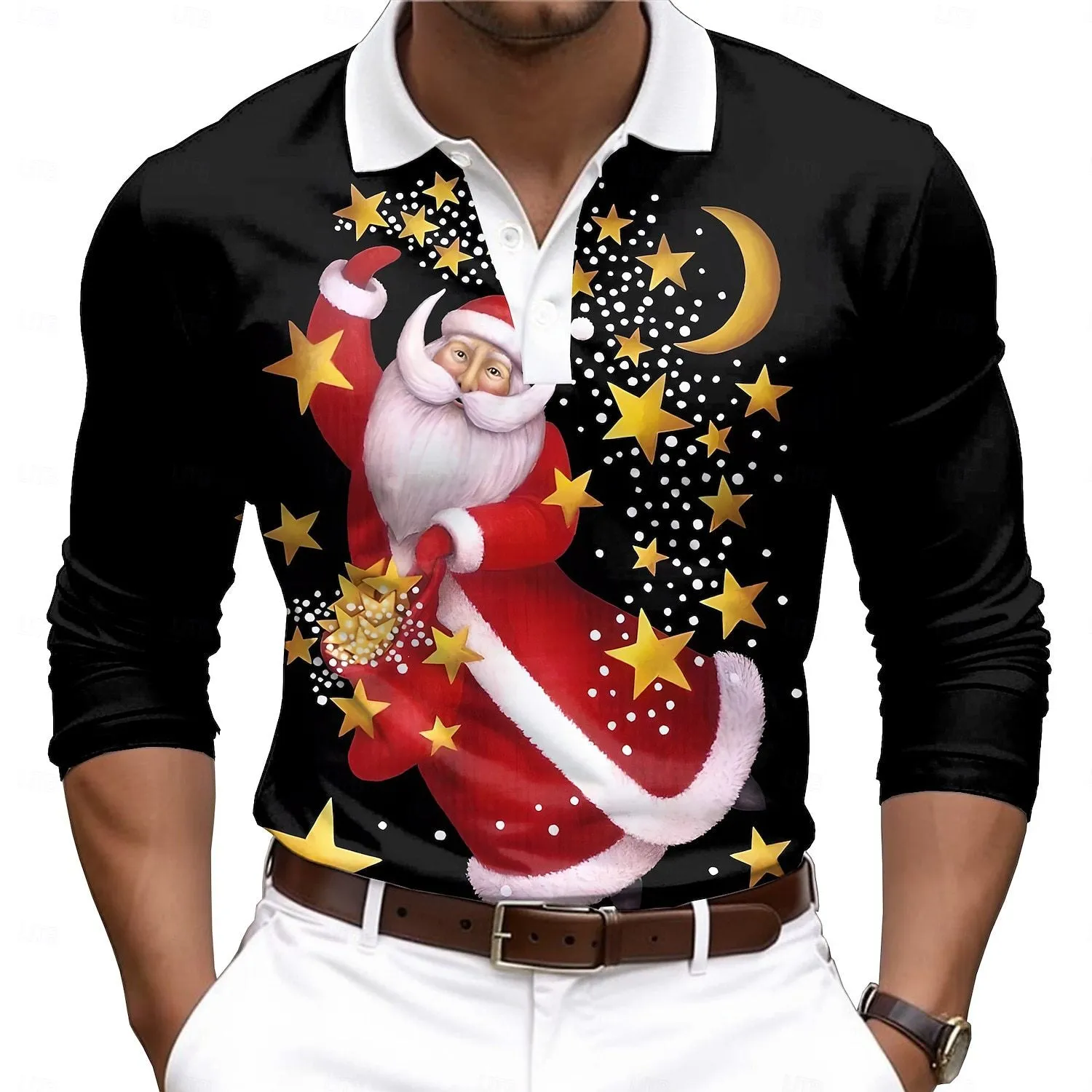 Long sleeve button-down polo shirt in loose fit with cartoon pattern and asymmetrical design