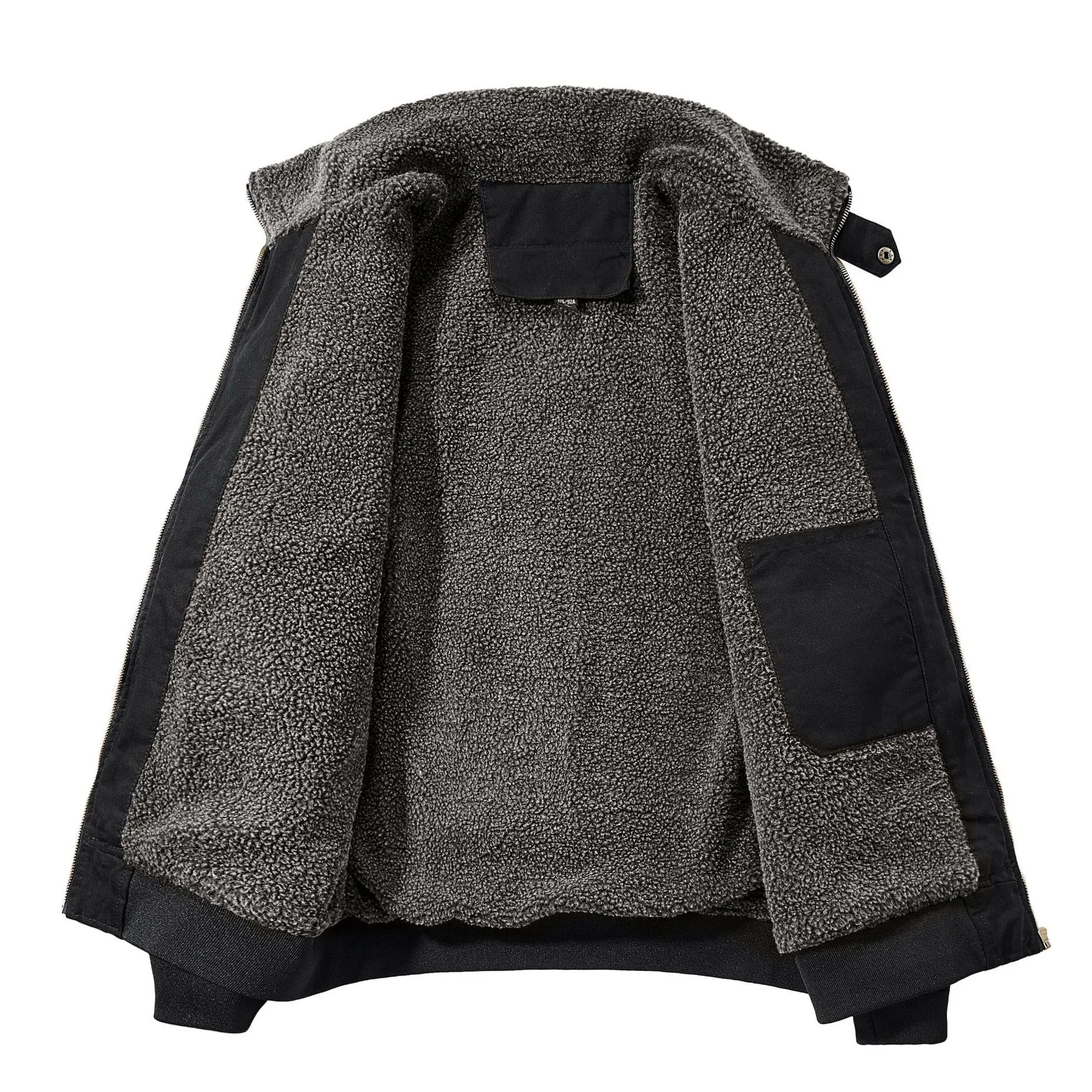 Men's winter fleece cotton coat in black, long sleeves, fleece-lined and thickened cotton jacket