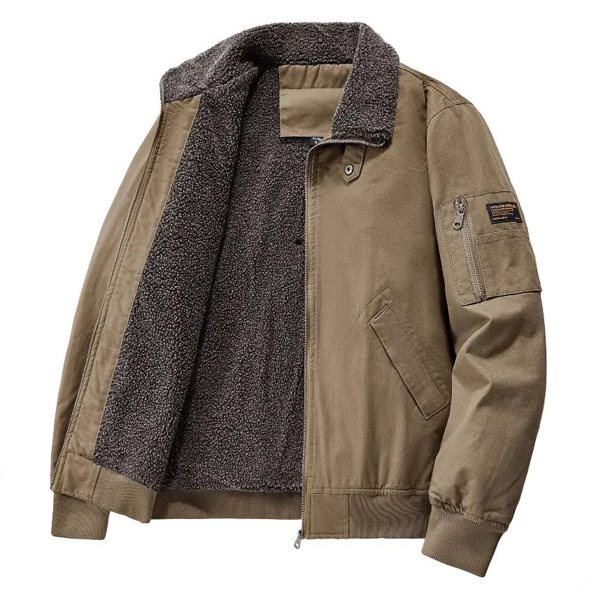 Men's winter fleece cotton coat in black, long sleeves, fleece-lined and thickened cotton jacket