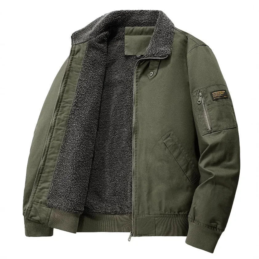 Men's winter fleece cotton coat in black, long sleeves, fleece-lined and thickened cotton jacket