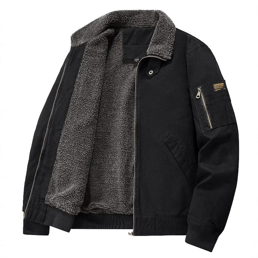 Men's winter fleece cotton coat in black, long sleeves, fleece-lined and thickened cotton jacket