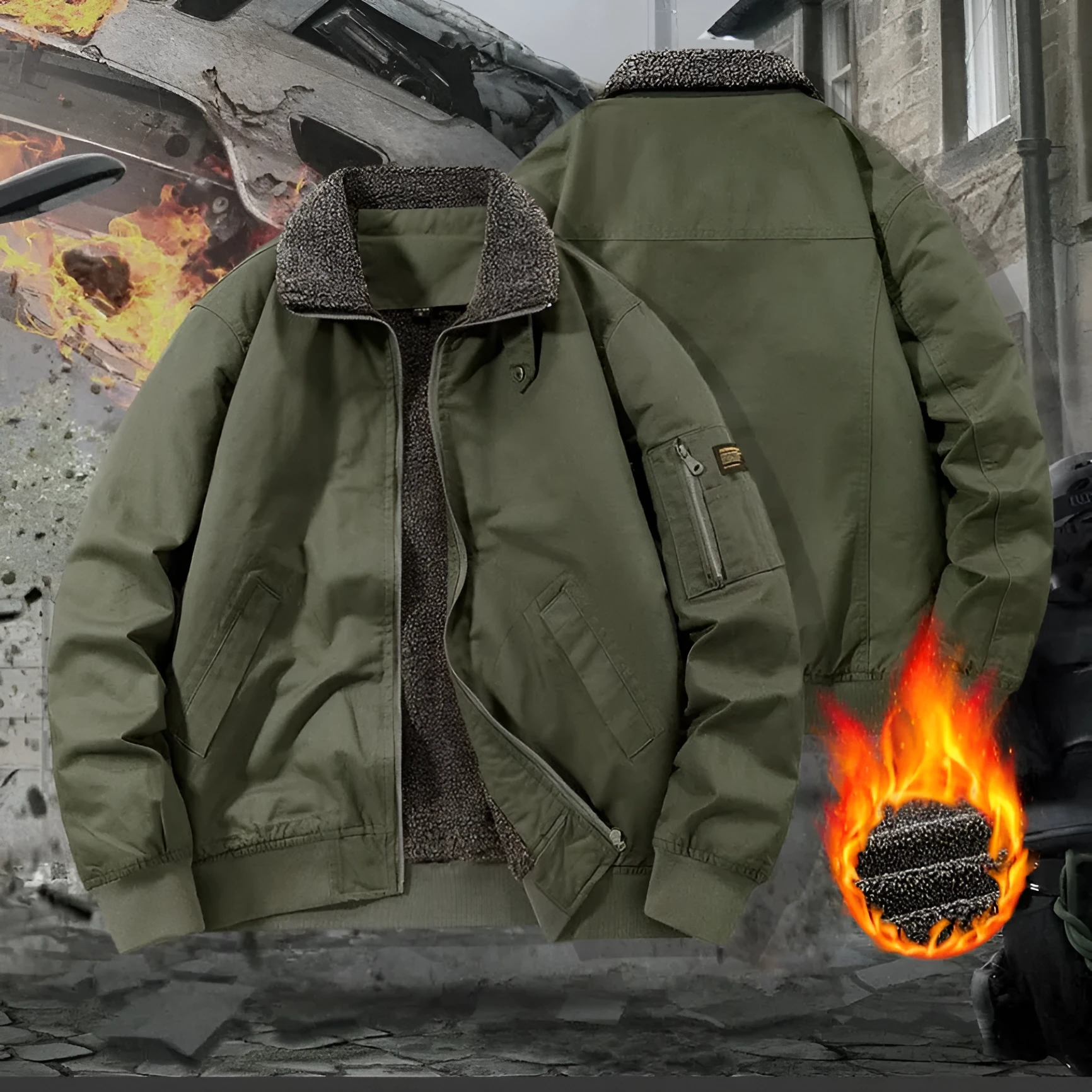Men's winter fleece cotton coat in black, long sleeves, fleece-lined and thickened cotton jacket
