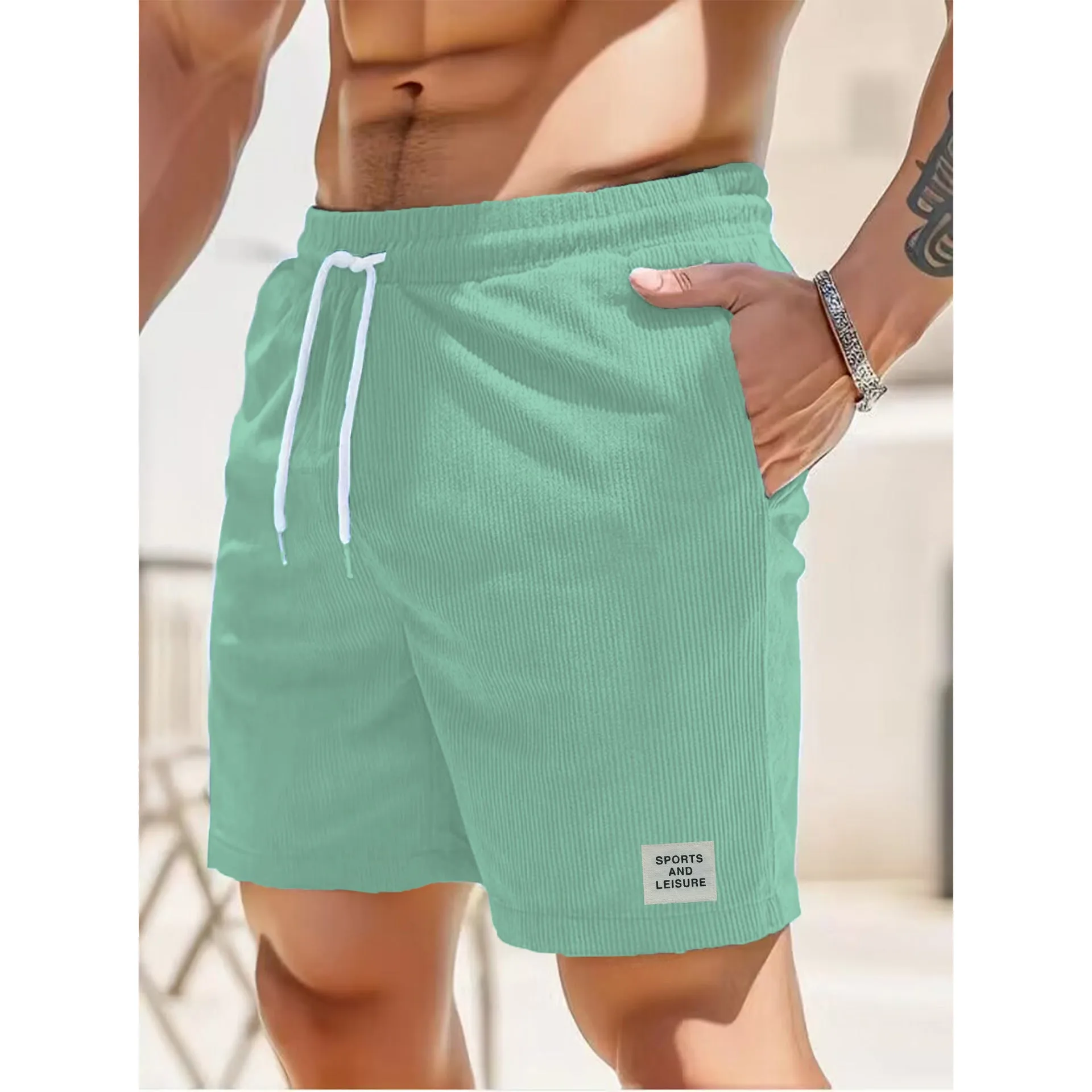 Summer corduroy sports pants with tied waist in yellow green blue khaki black army green beige coffee