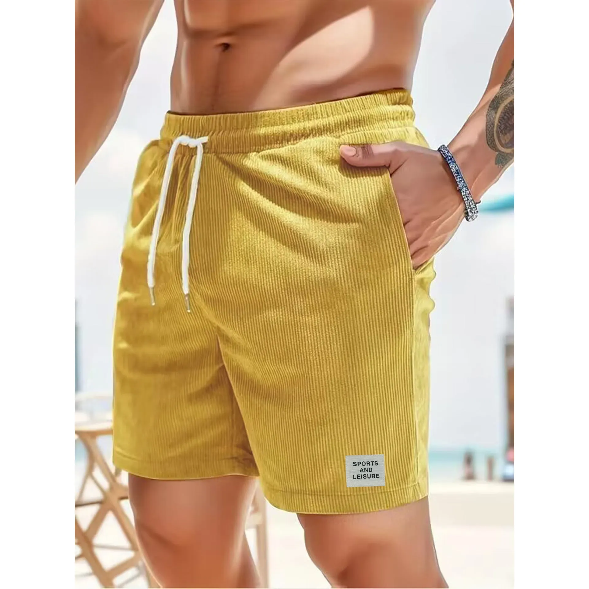 Summer corduroy sports pants with tied waist in yellow green blue khaki black army green beige coffee