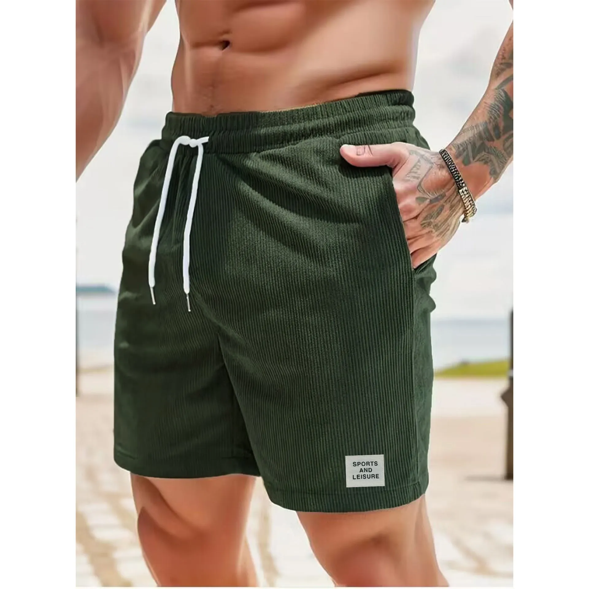 Summer corduroy sports pants with tied waist in yellow green blue khaki black army green beige coffee